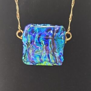Glass‎ Style ridescent Blue and Gold Pendant Necklace